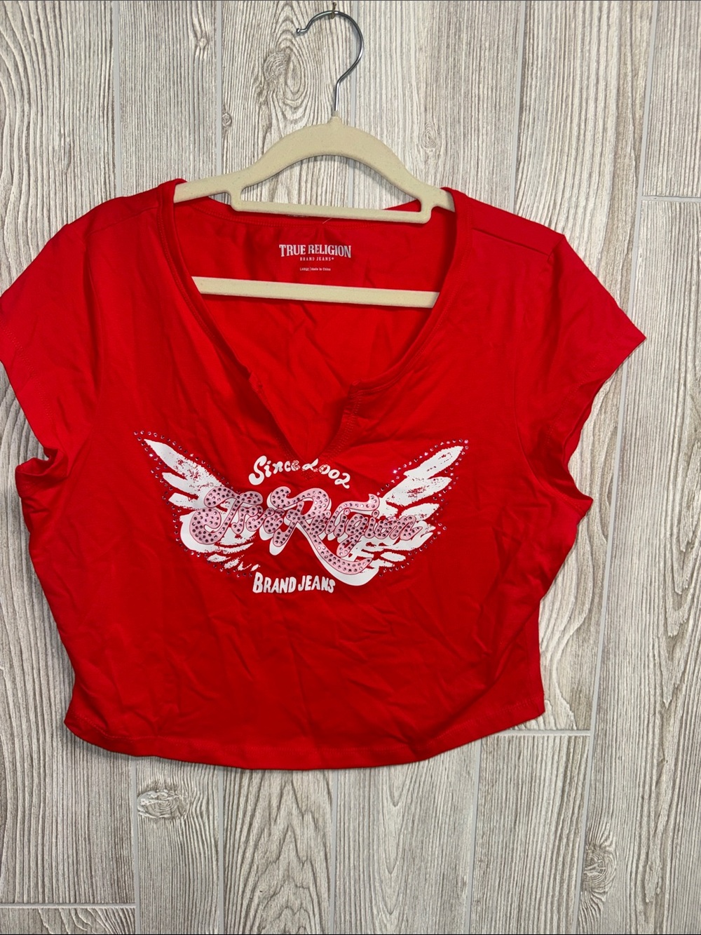True Religion Red Graphic Wing Logo Crop Tee